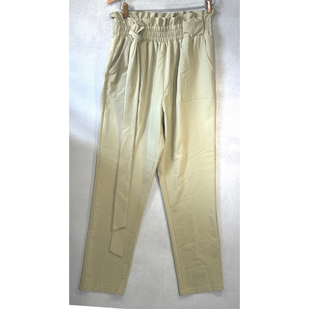 Grace Karin Womens Medium Sage Green Paperbag High Waist Belted Cropped Pants